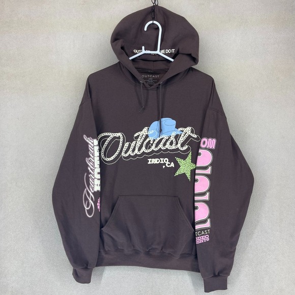 Outcast Tops - Outcast Rodeo Nights Hoodie Brown Women's Large Graphic Print Western Cowboy Hat